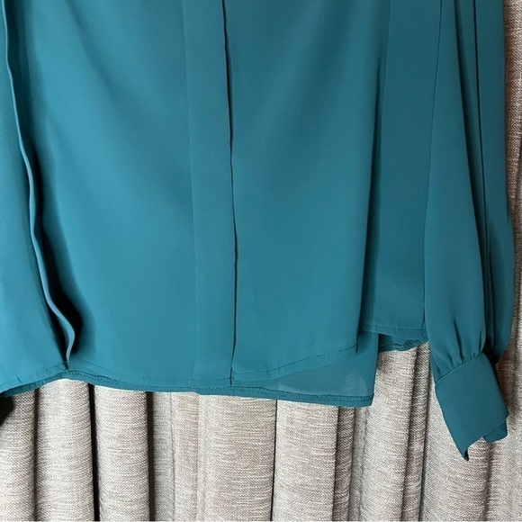 Vintage Ruffle High Neck Turquoise Blue Button Front Blouse Size 8 - Picture 10 of 16